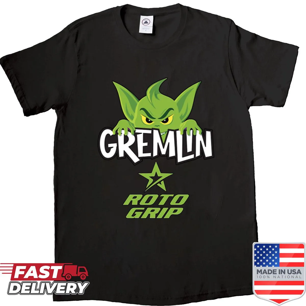 Cartoon gremlin graphic on a bowling-themed shirt