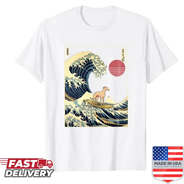 Illustration of a greyhound surfing waves on a T-shirt
