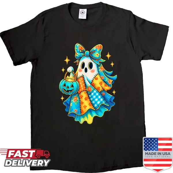 Retro floral patchwork ghost graphic on a Halloween shirt