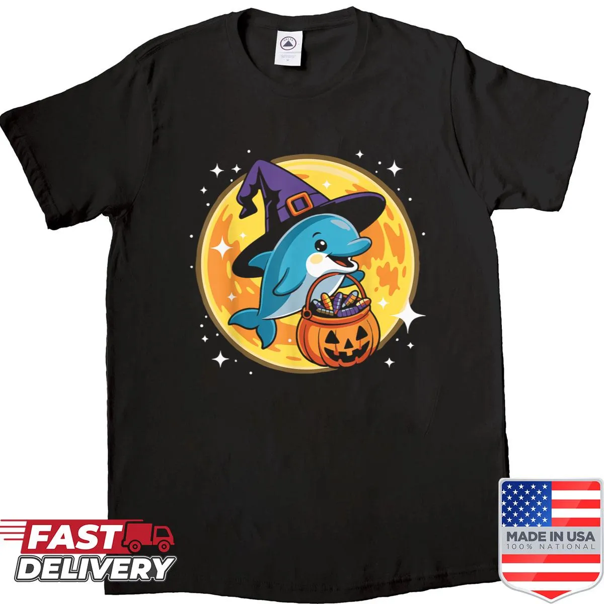 Cartoon dolphin with witch hat and pumpkins on Halloween shirt