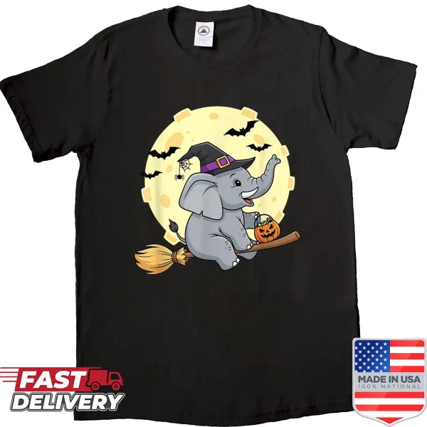 Cartoon elephant witch flying on a broom under the moon.