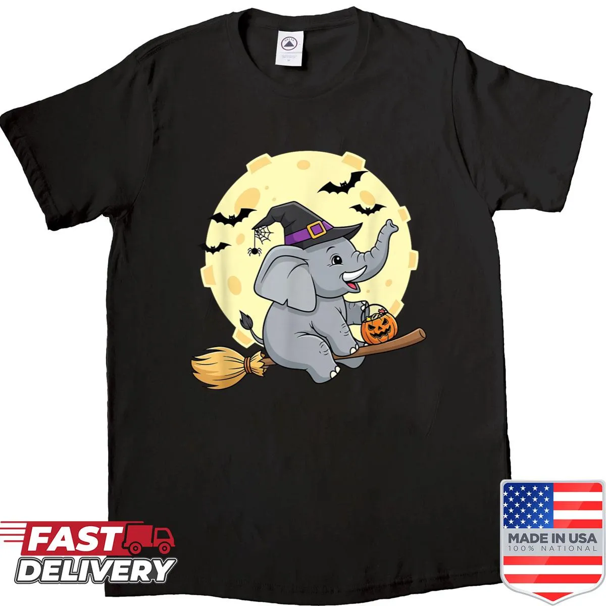 Cartoon elephant witch flying on a broom under the moon.