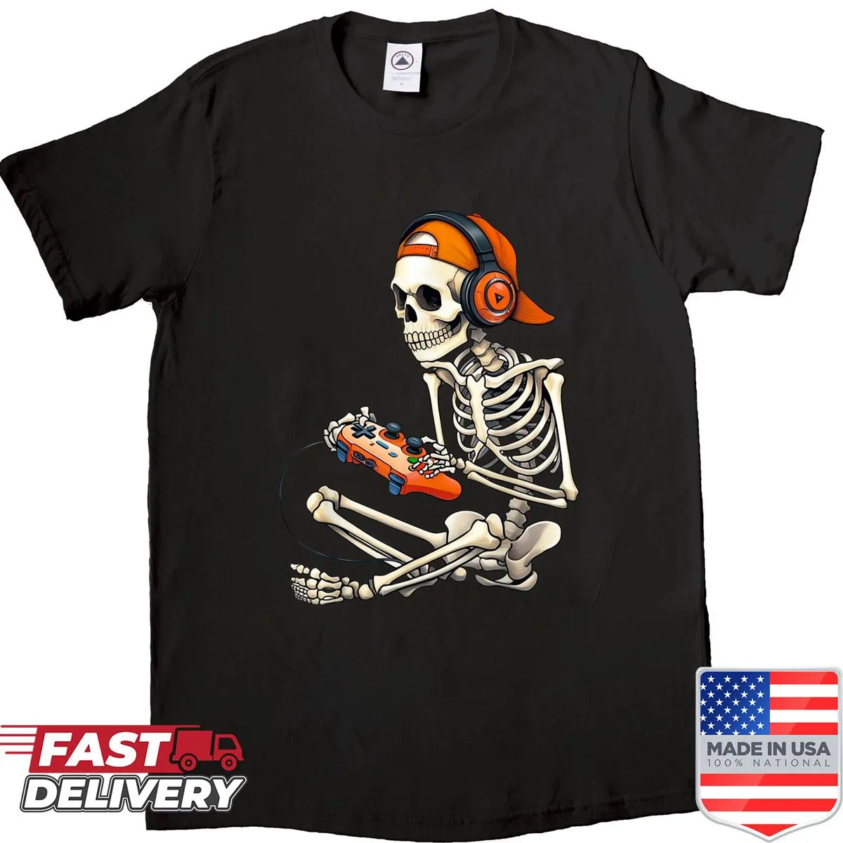Cartoon skeleton gamer Halloween shirt, blending gaming and spooky themes.