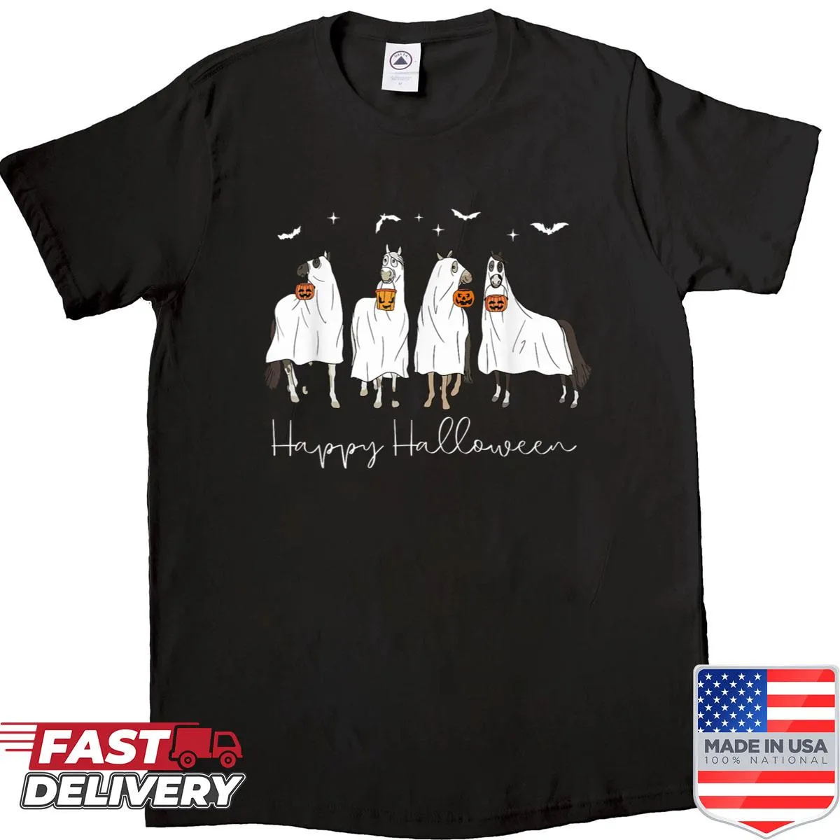 Halloween shirt featuring a horse graphic with ghost elements
