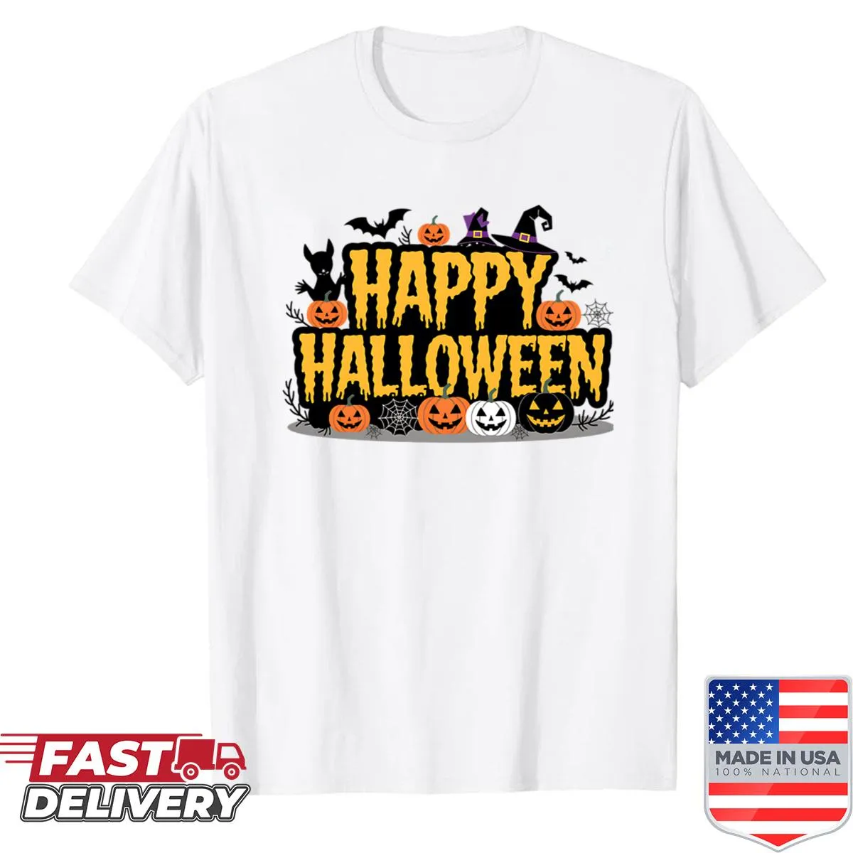 Cute Halloween-themed shirt with black cats and pumpkins