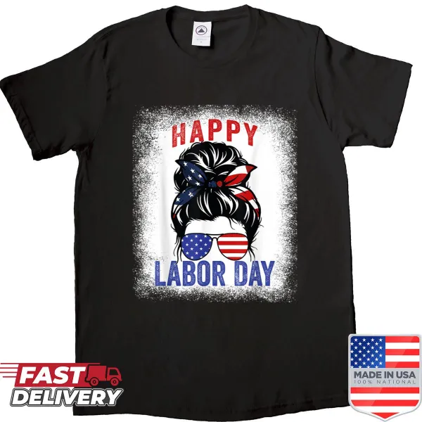 Labor Day shirt with messy bun and USA flag illustration