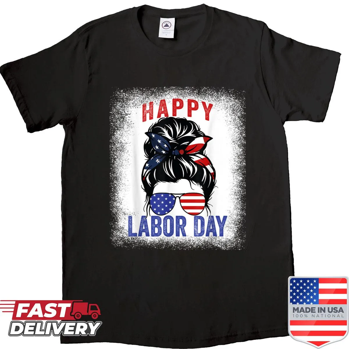 Labor Day shirt with messy bun and USA flag illustration