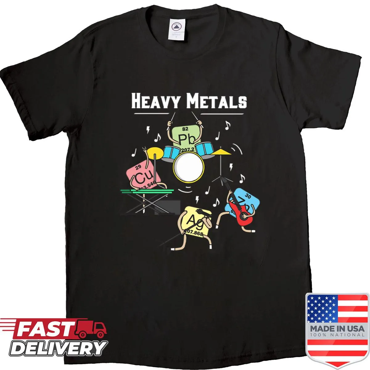 T-shirt featuring a periodic table with a heavy metal twist