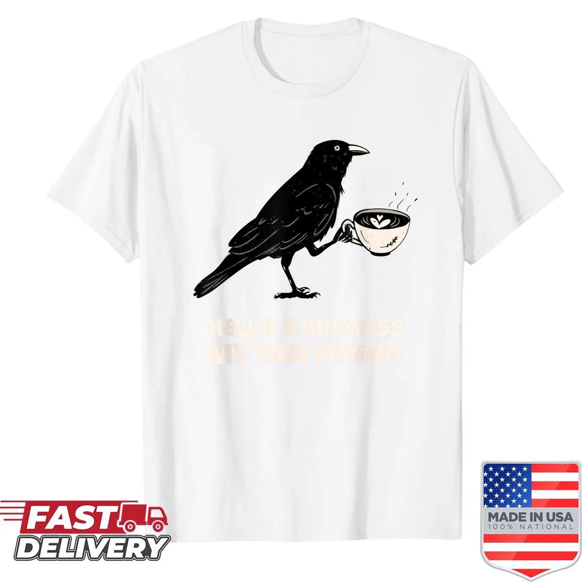Halloween-themed t-shirt featuring a crow and the phrase Hello Darkness My Old Friend
