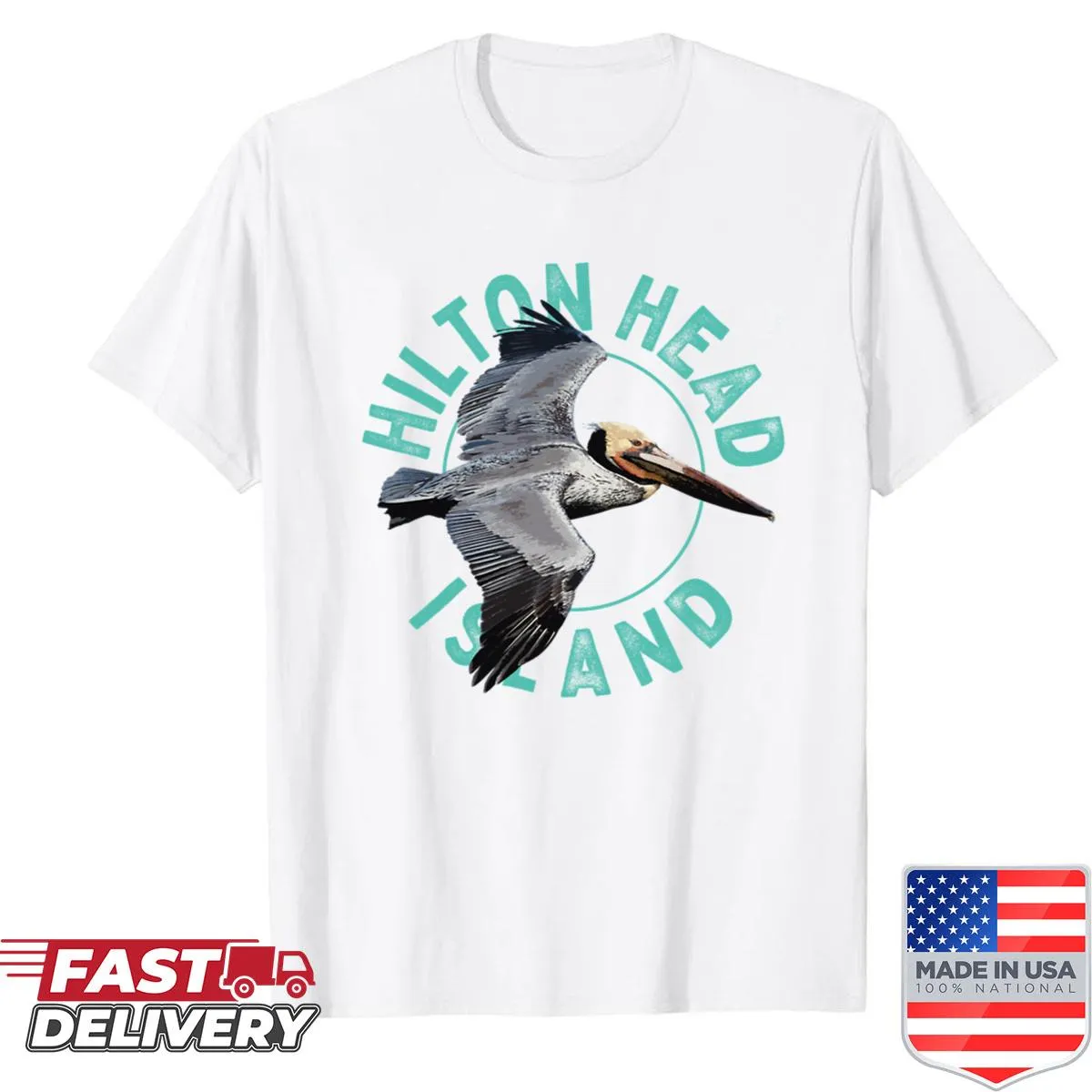 Illustrated pelican design on a souvenir shirt celebrating Hilton Head Island.