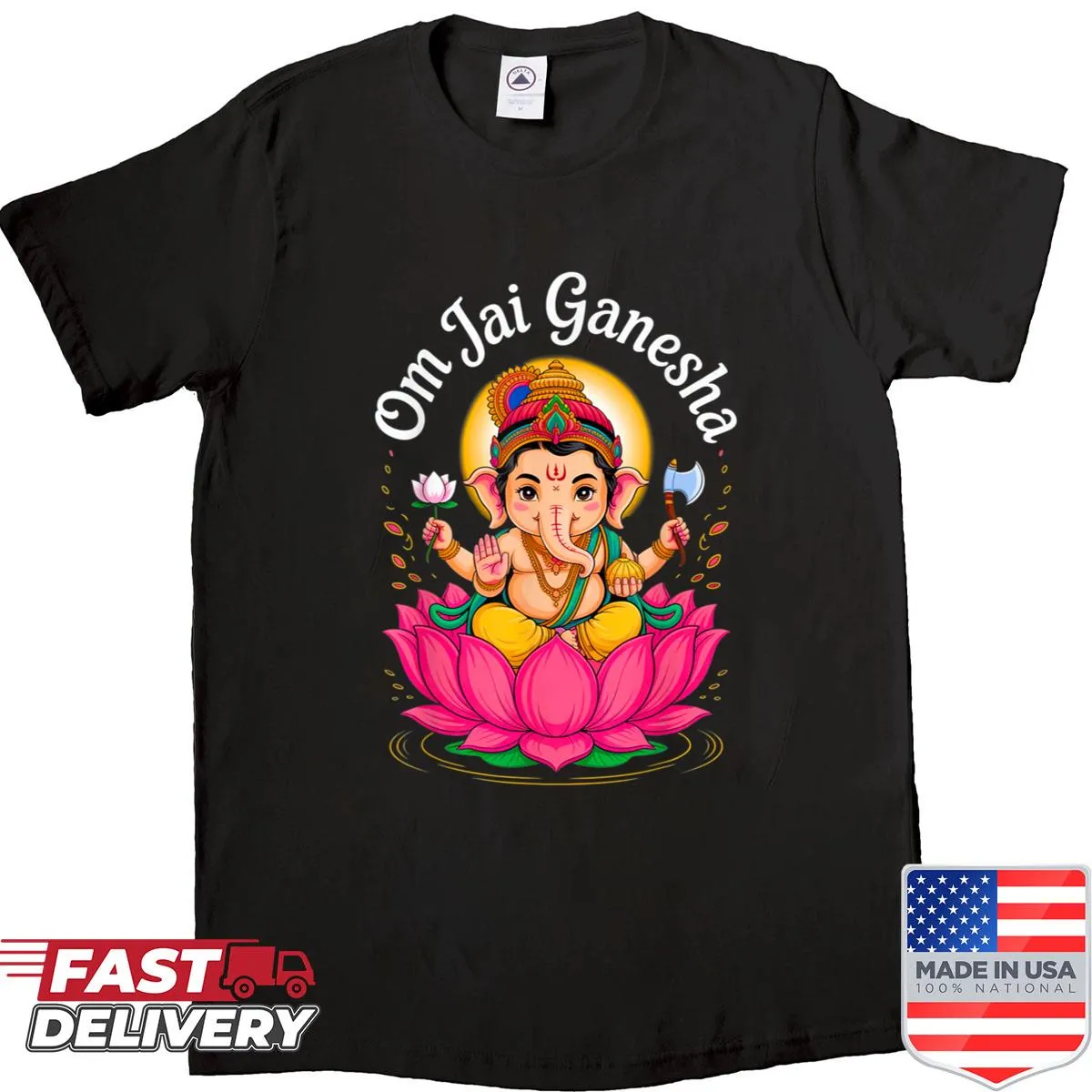 Shirt depicting Ganesha, the Hindu elephant god, ideal for spiritual practices.