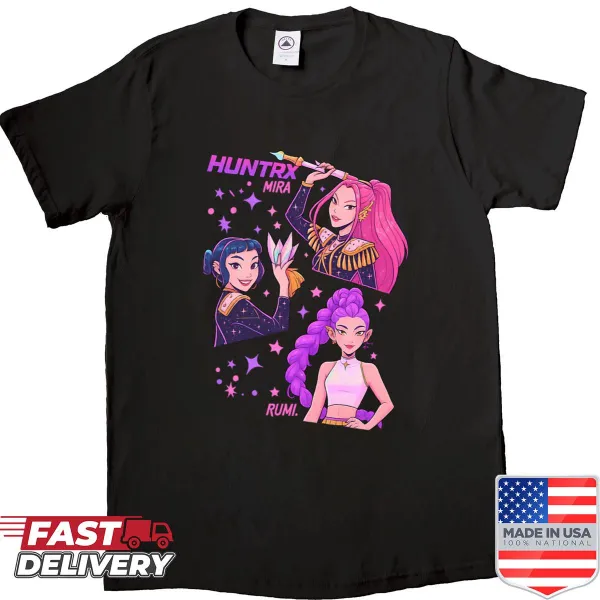 Vintage K-pop shirt featuring Huntrix characters and designs