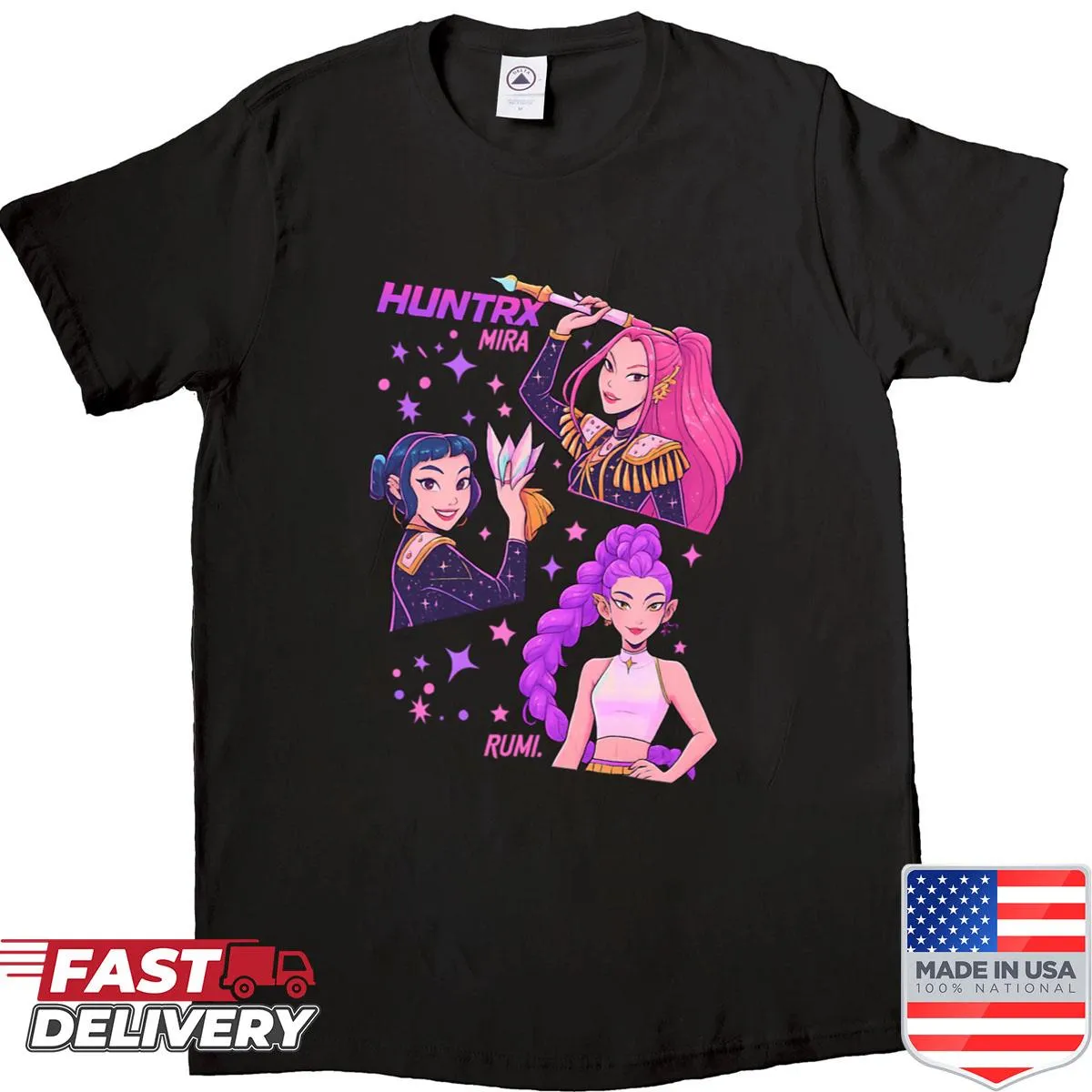 Vintage K-pop shirt featuring Huntrix characters and designs