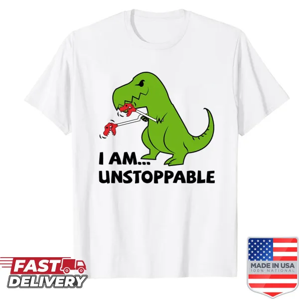 Inspirational shirt with 'I Am Unstoppable' and T-rex graphic