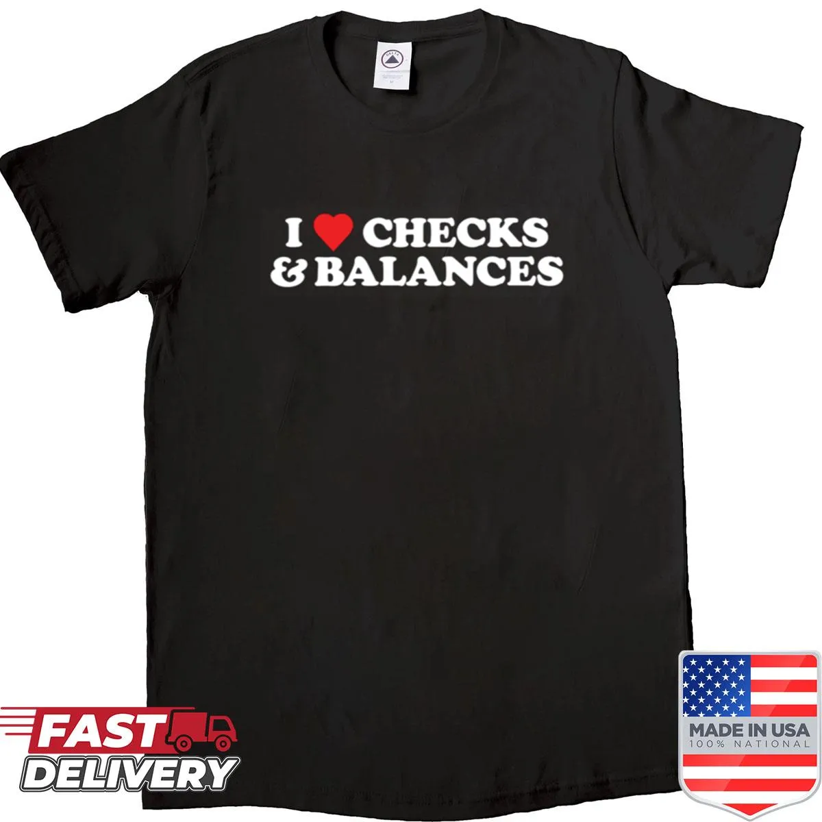 Minimalist shirt featuring 'I Heart Checks Balances' in bold typography
