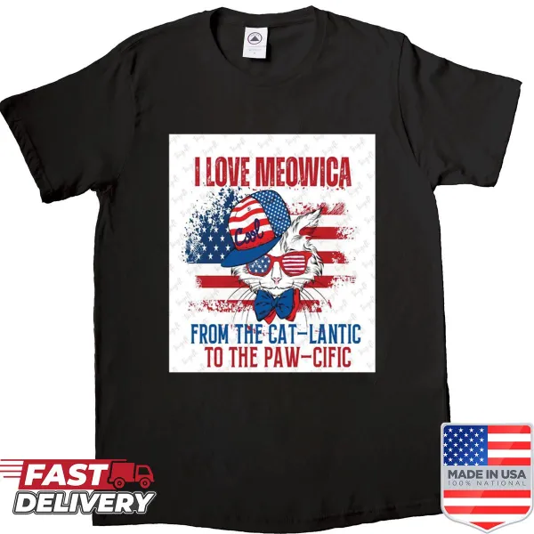 Shirt featuring playful text 'I Love Meowica From The Cat-lantic To The Paw-cific'