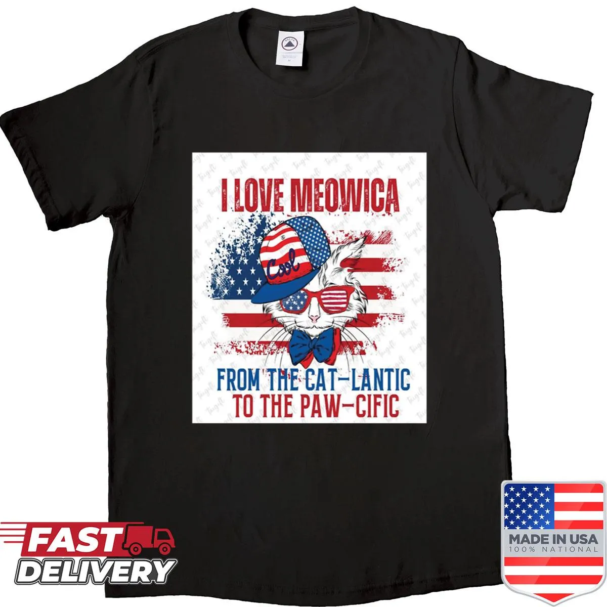 Shirt featuring playful text 'I Love Meowica From The Cat-lantic To The Paw-cific'