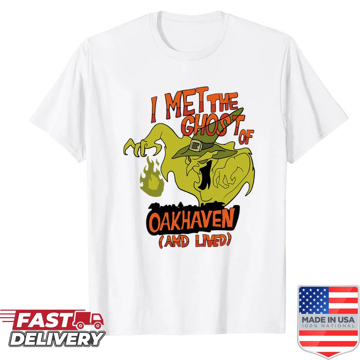 Illustrated shirt featuring a friendly ghost and the phrase I Met The Ghost Of Oakhaven And Lived.