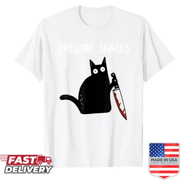 Funny black cat meme shirt emphasizing snack requirements