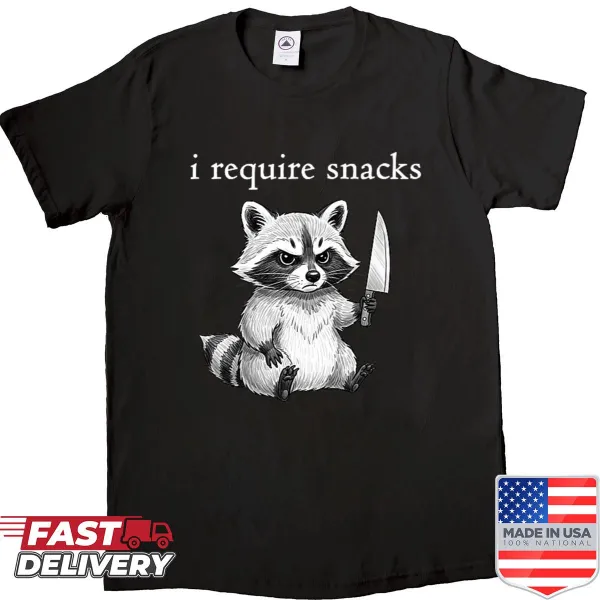 Raccoon graphic shirt with the text 'I Require Snacks'