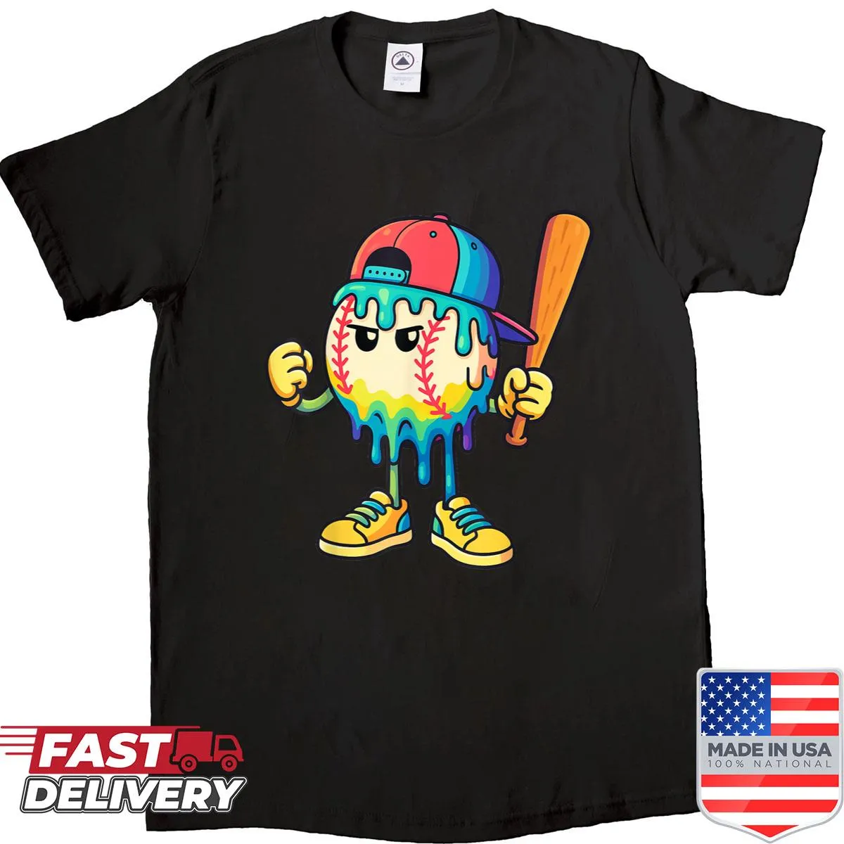 Shirt with playful graphic of a baseball dripping ice cream