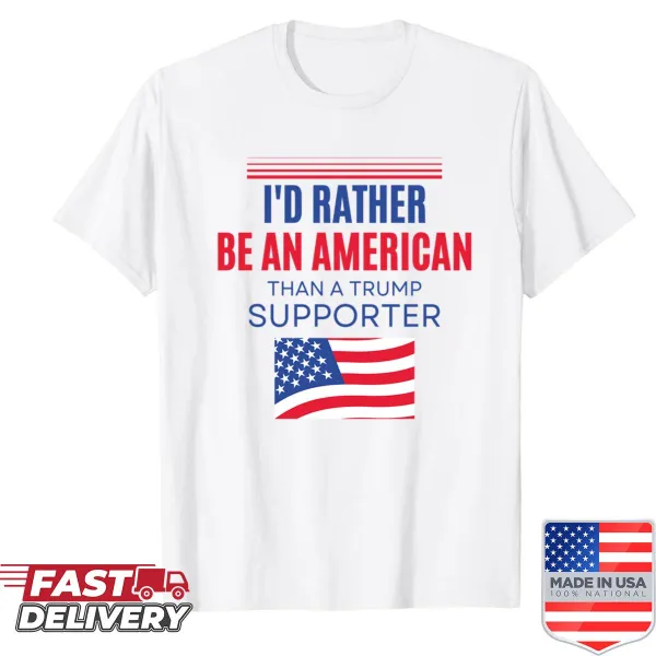 Graphic tee with a message about American identity versus political support.