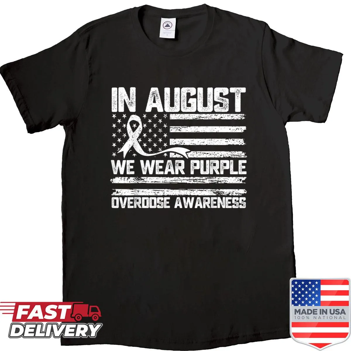 T-shirt with the phrase 'In August We Wear Purple' for awareness