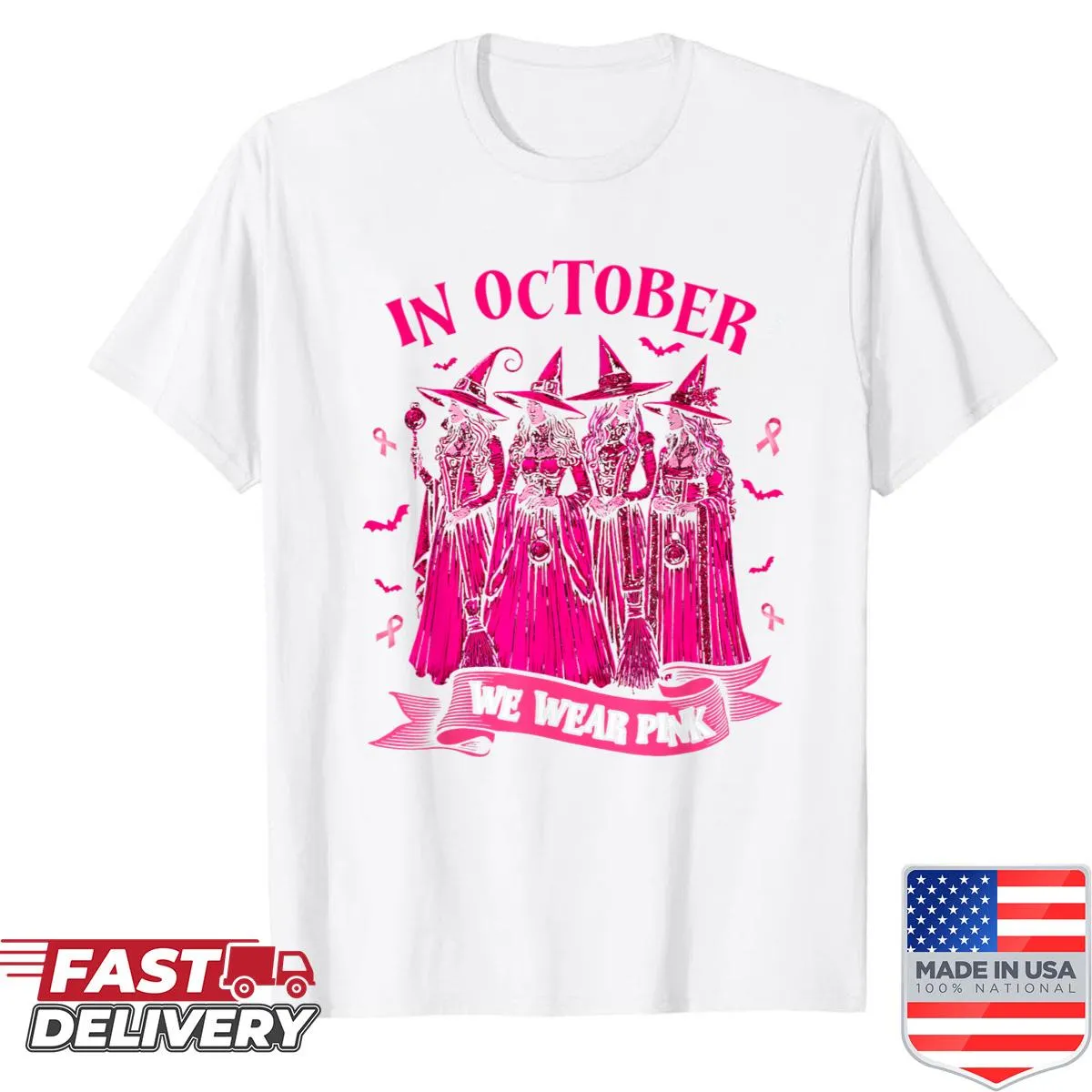 Halloween-themed breast cancer awareness shirt for women with witch graphics.