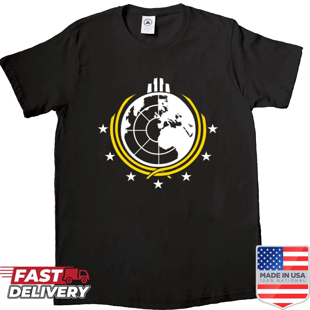 Illustration of liberty diving into the earth on a shirt