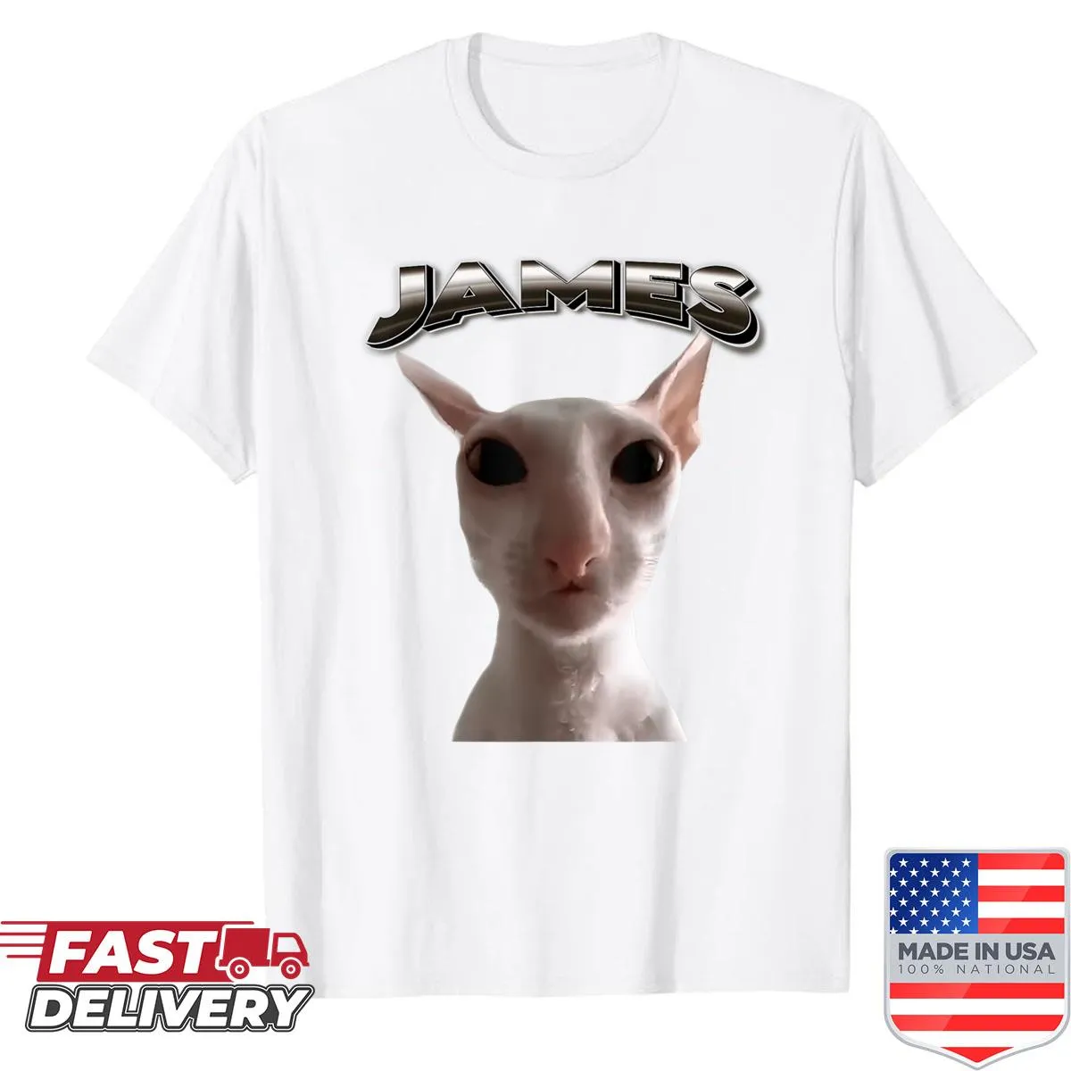 Funny James Cat meme graphic on a humorous shirt