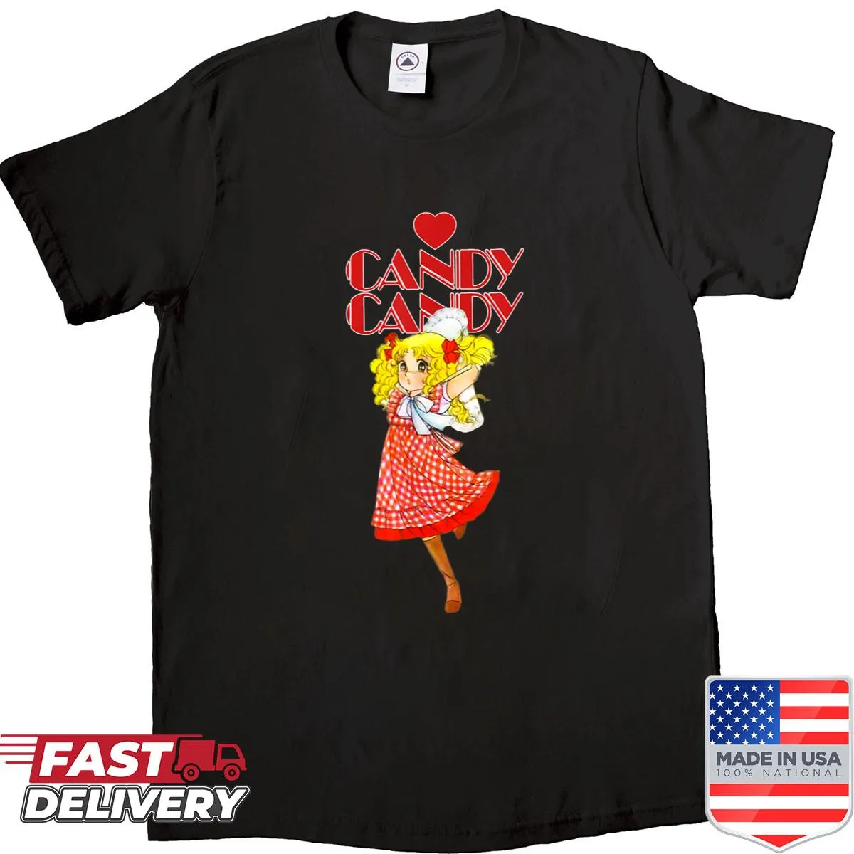 Retro-style t-shirt with 80s candy cartoon and anime manga graphic