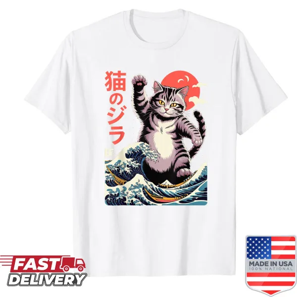 Funny cat riding a wave in Japanese art style shirt