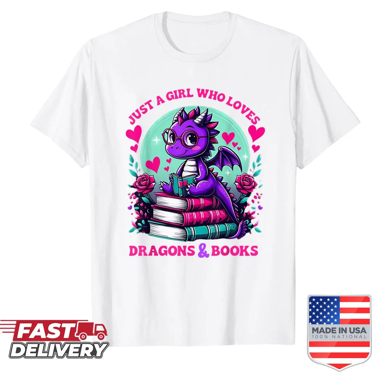 Cute dragon reading shirt with whimsical illustration.