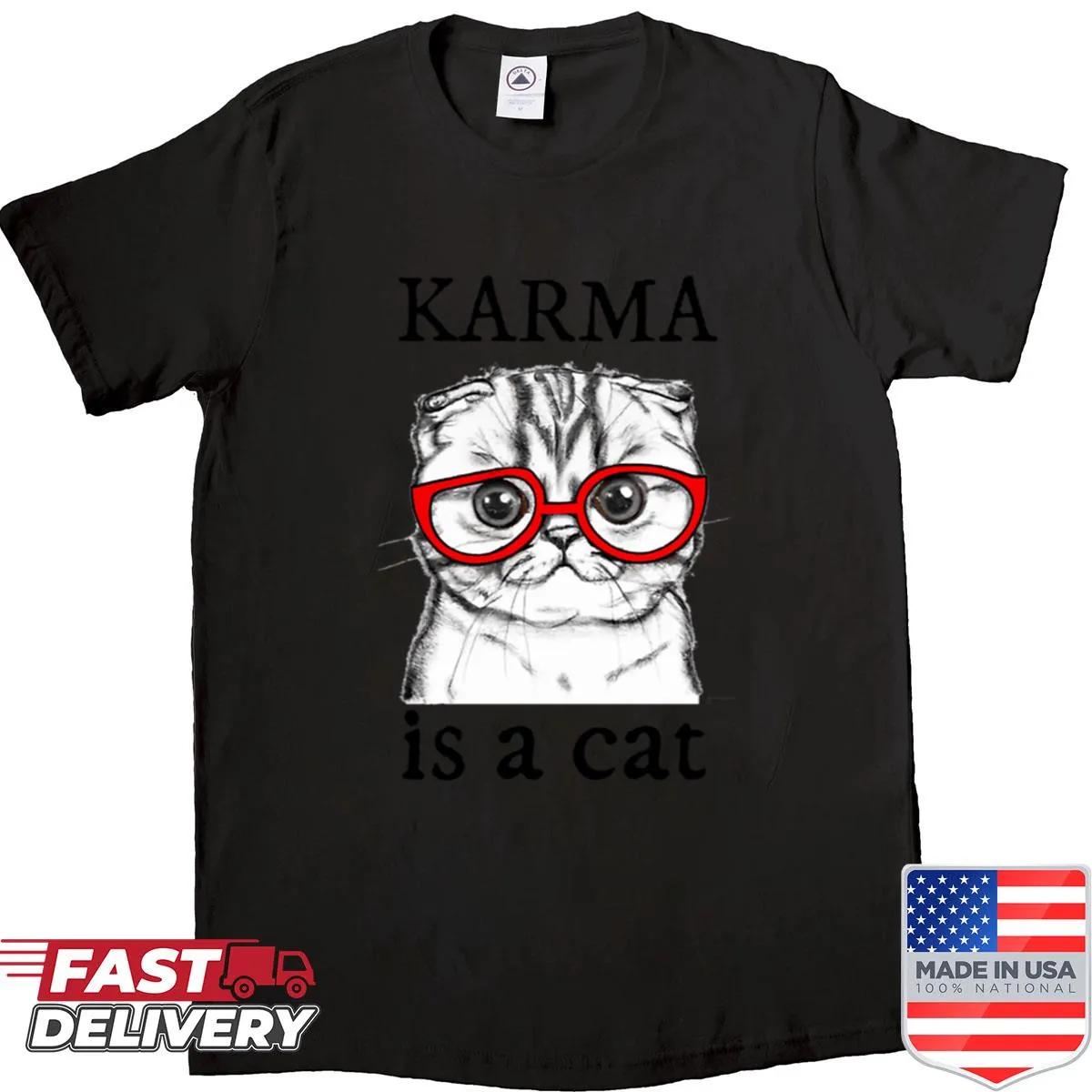 Shirt with 'Karma Is A Cat' lyric and Scottish Fold cat design