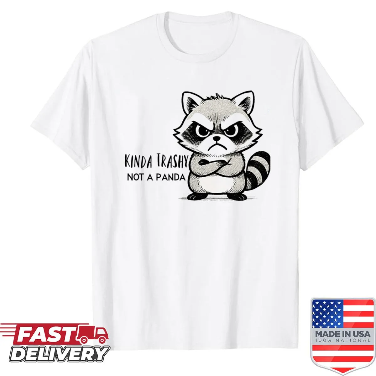 Grumpy raccoon shirt with playful illustration.