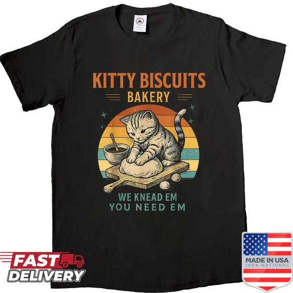 Cartoon shirt featuring whimsical bakery and cat graphics.