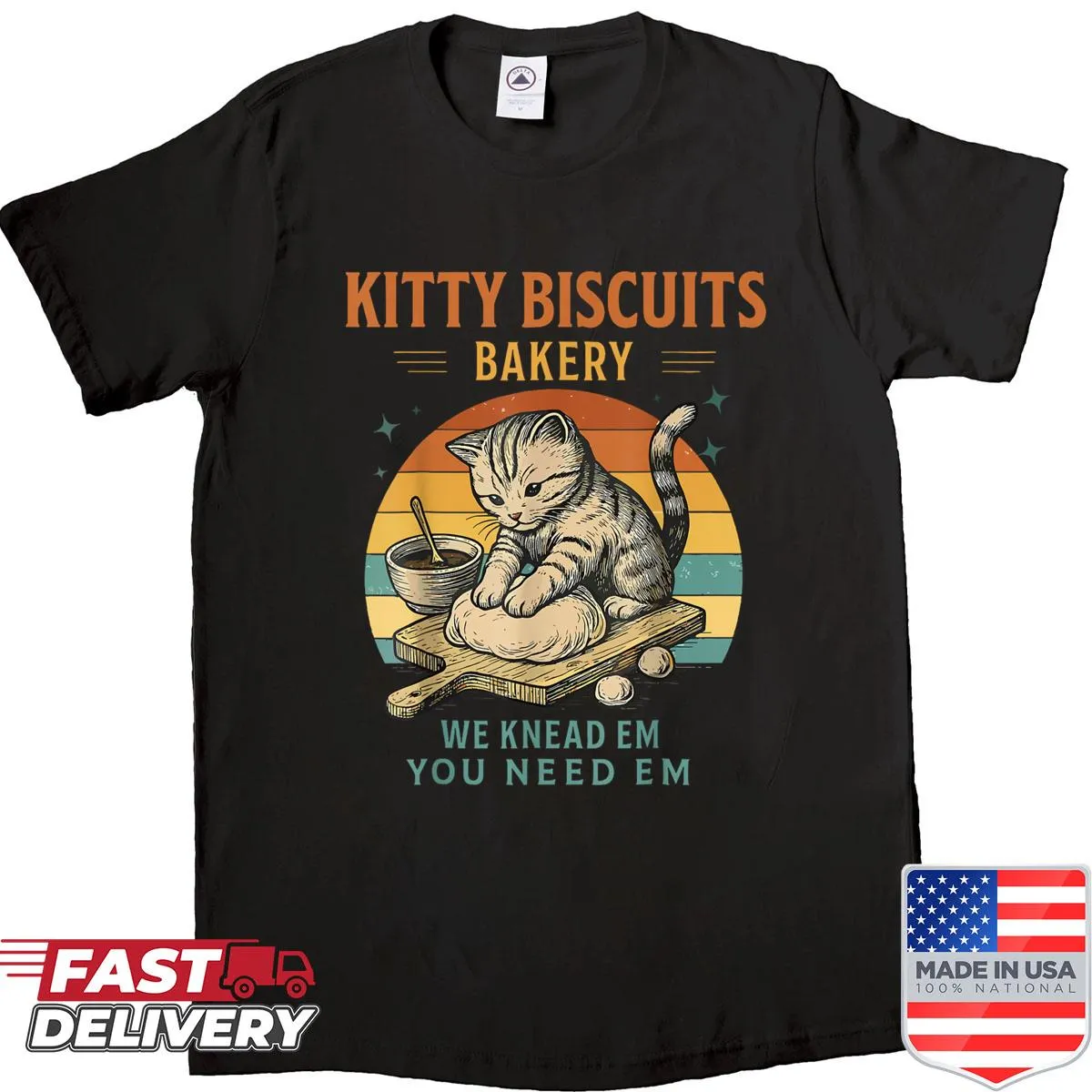 Cartoon shirt featuring whimsical bakery and cat graphics.