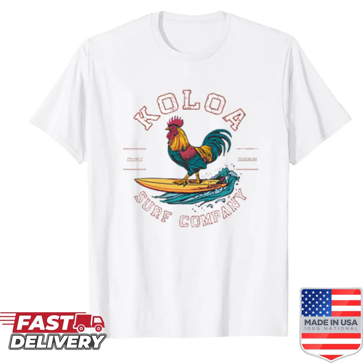 T-shirt with Koloa Surf rooster logo illustration.