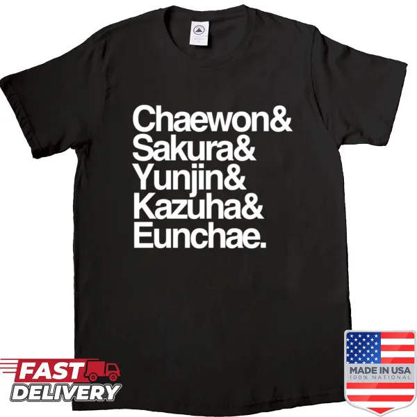 Stylish T-shirt with Le Sserafim members' names in an artistic stack.