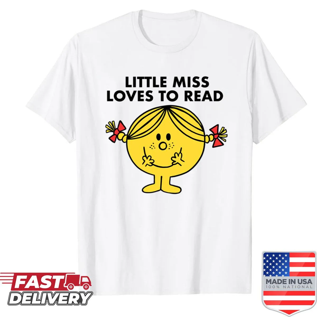 Shirt featuring a whimsical character with books and the phrase about reading