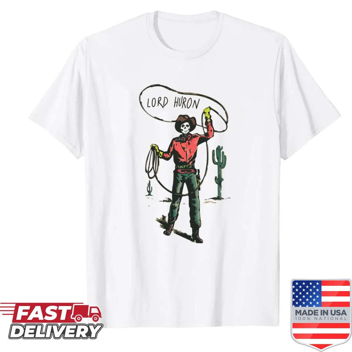 Whimsical design of a skeleton cowboy on a shirt