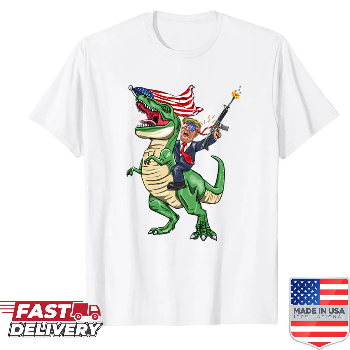 Bold shirt with Machine Gun Trump on T-Rex and American flag