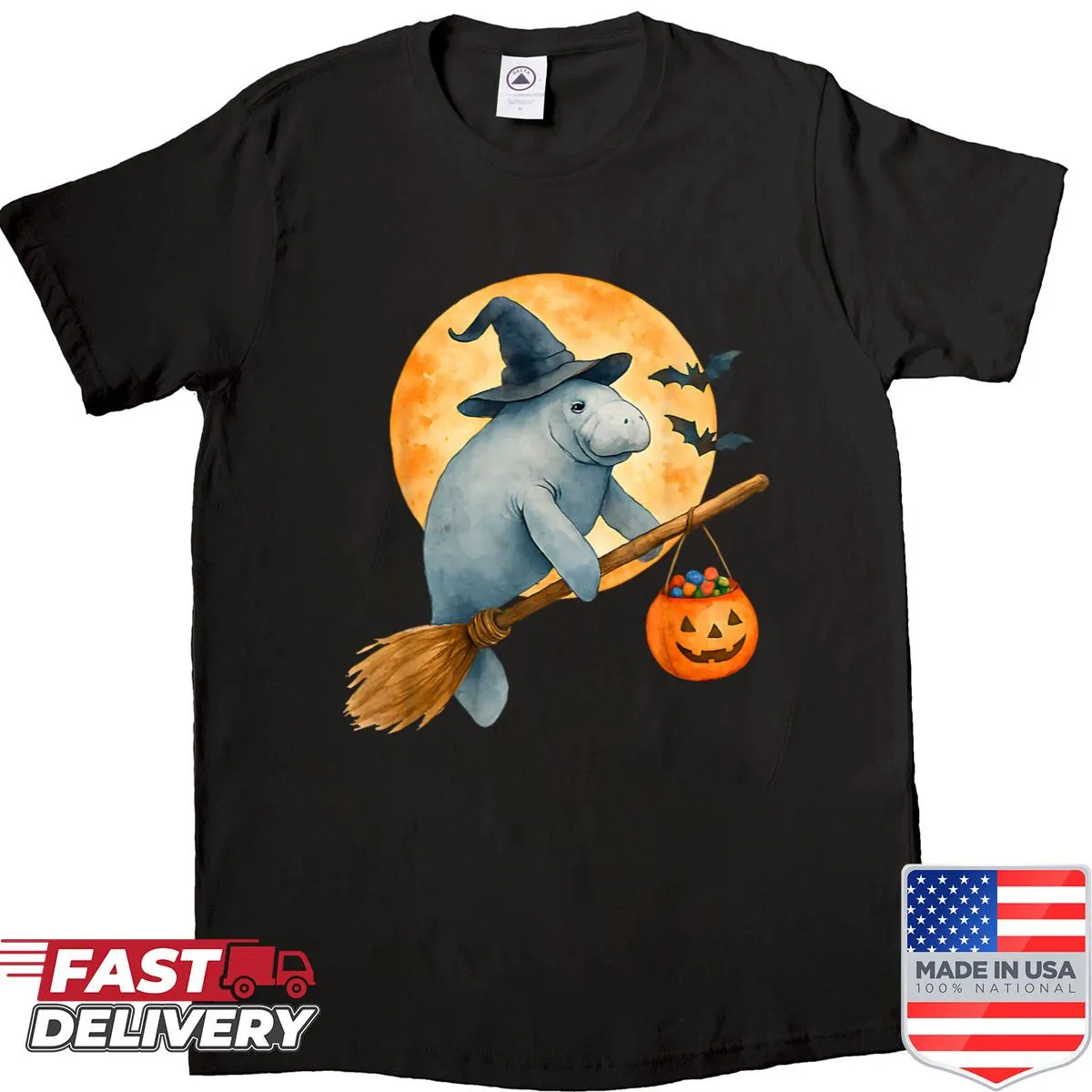 Cartoon shirt featuring a manatee with a witch hat and pumpkins for Halloween