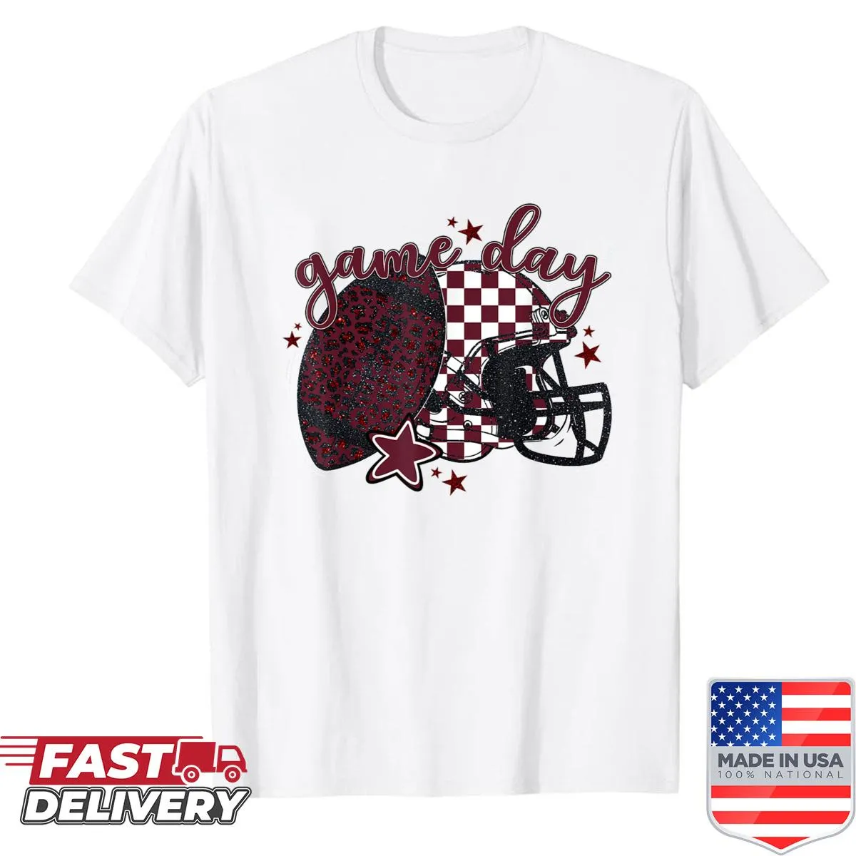Vintage-style maroon leopard football shirt for game day