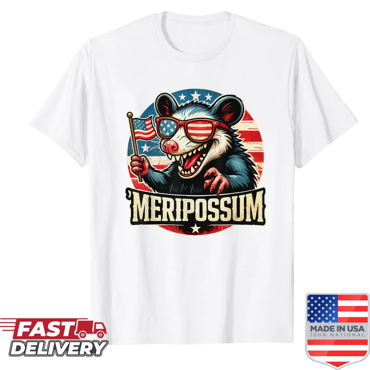 Cartoon opossum design with patriotic theme