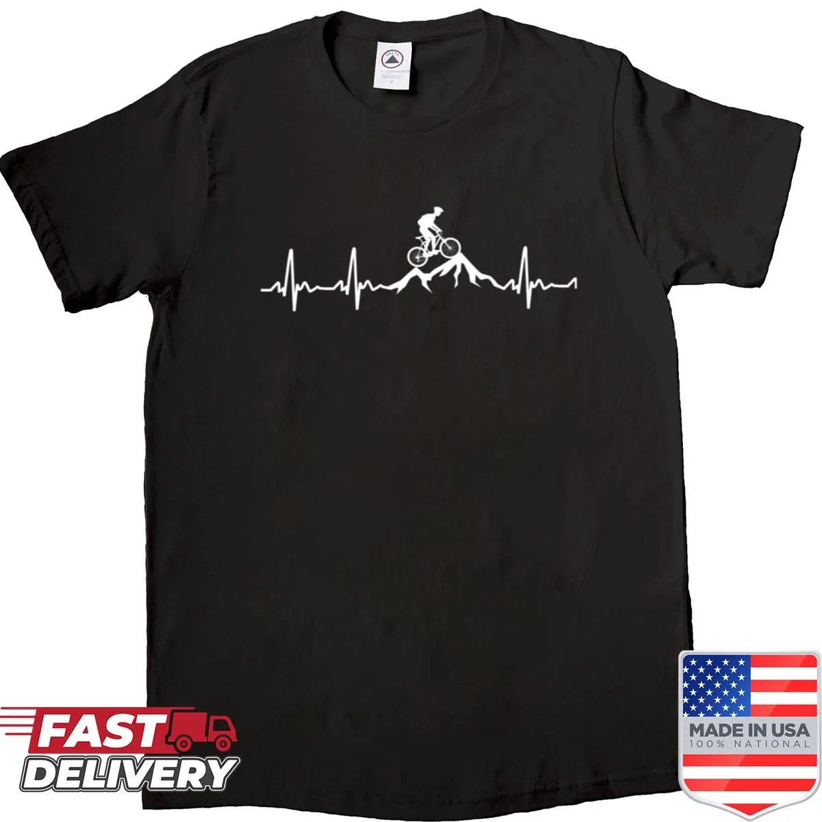 Funny MTB heartbeat graphic shirt for mountain biking enthusiasts.
