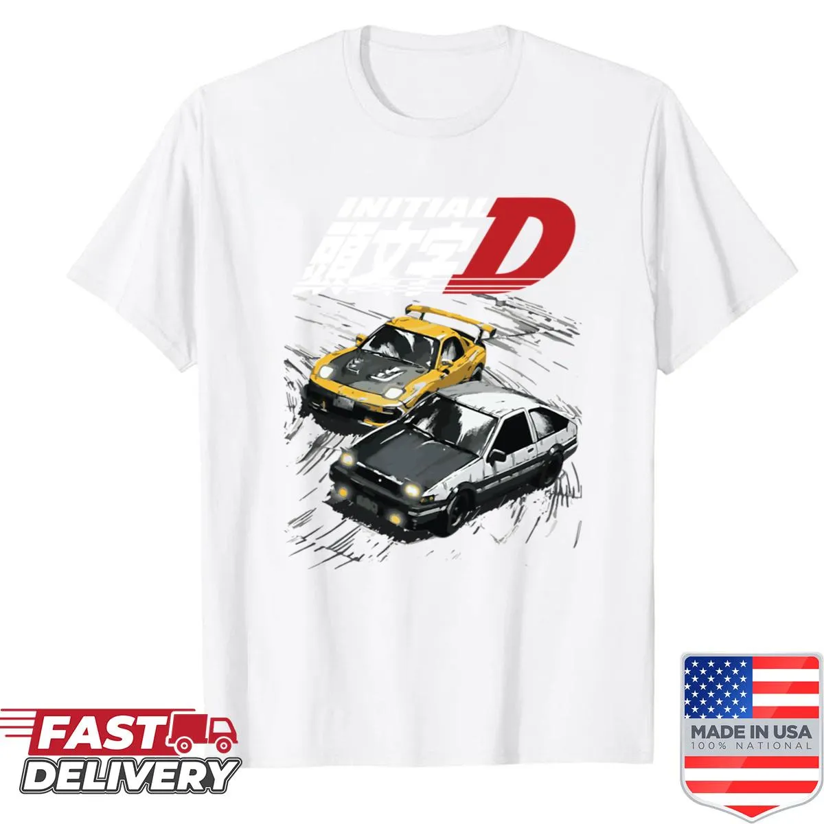 Drift racing t-shirt featuring AE86 and FD RX-7 cars