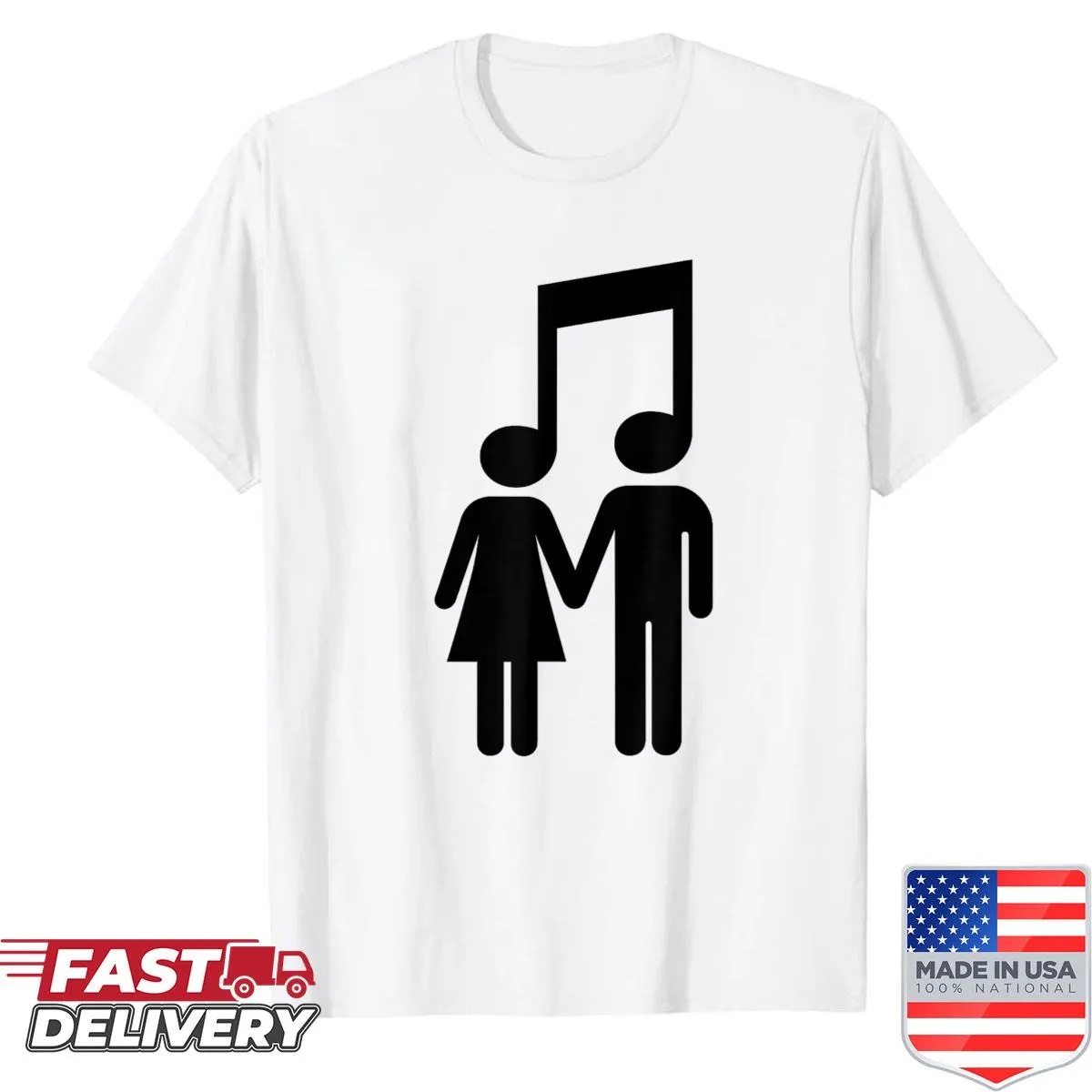 Shirt with stick figures holding hands and musical notes design