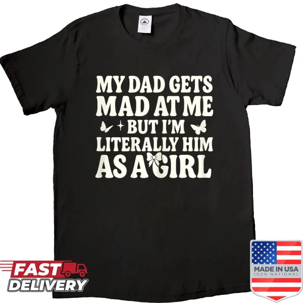 Humorous shirt showing a girl resembling her dad with funny graphics.