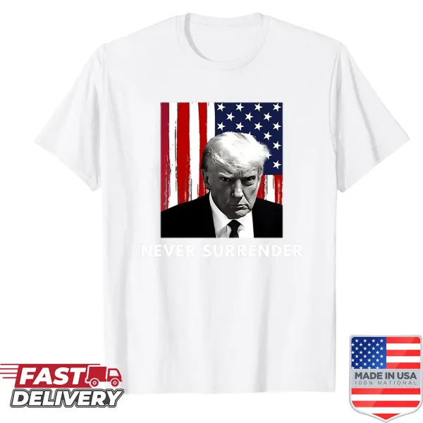 Bold typography shirt with 'Never Surrender' phrase